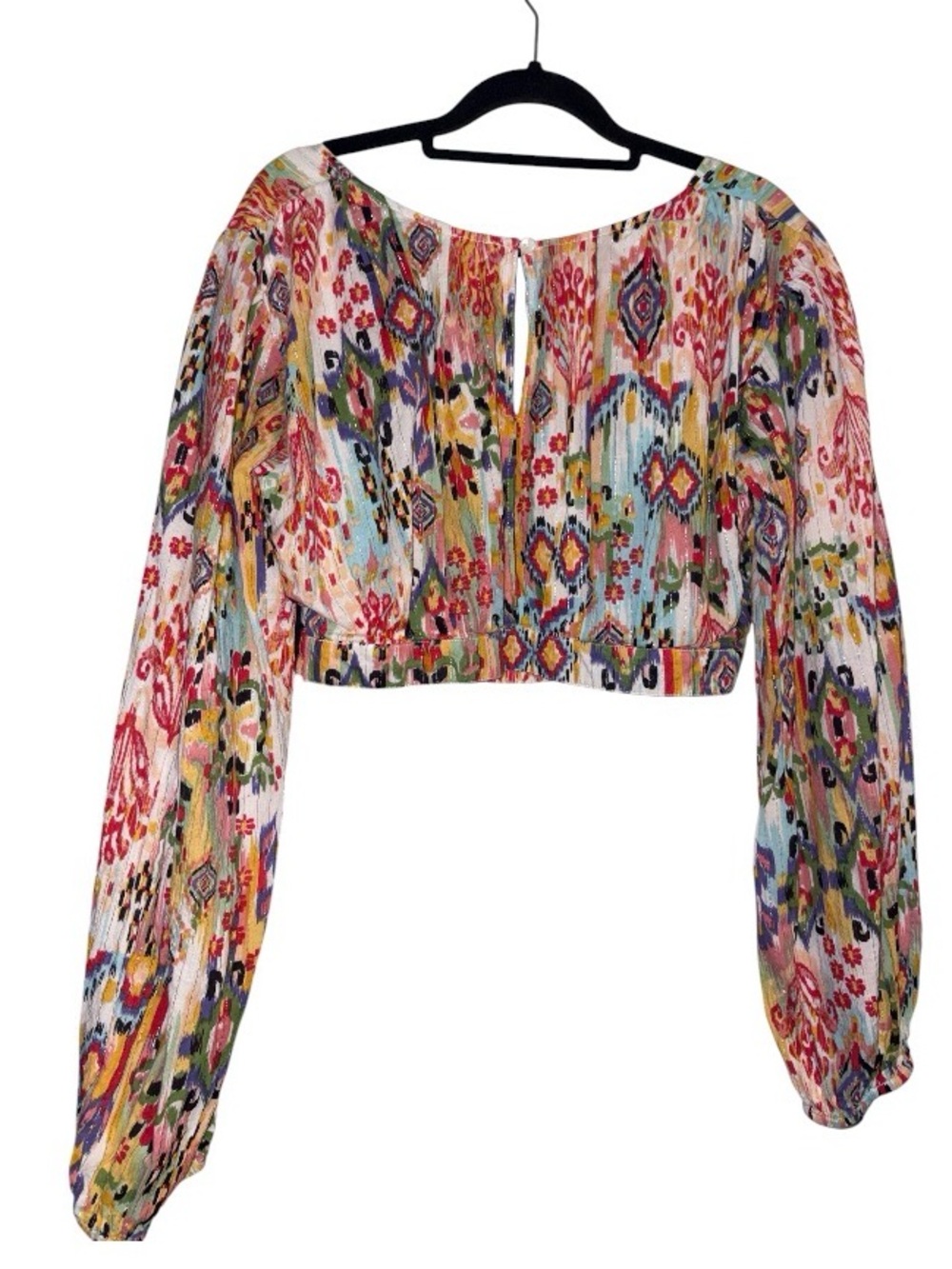 En Crême Boho Multicolor Printed Lined Gauzy Long-Sleeve Crop Top - Picture 2 of 7